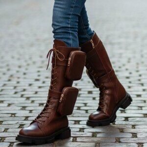 Lace-Up Wine Combat Boots With Detachable Utility Pouches & Side Zippers For Wom